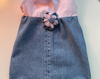 Handmade Baby Dress 3-6 Months – Upcycled Denim & Pink Striped Cotton with Flower Accent