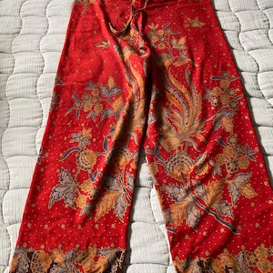 Upcycled Vintage Red Phoenix Floral Wide-Leg Lounge Pants – Boho Drawstring Trousers