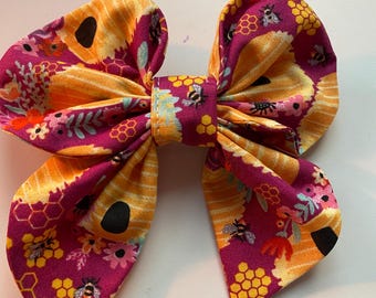 Handmade Hair Bow | Red with Beehive Print Fabric Hair Clip | Girl/Teen Accessory