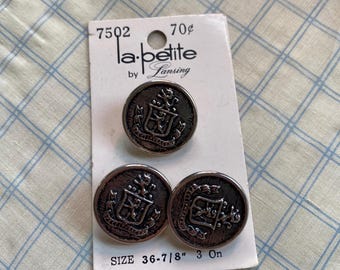 Vintage La Petite Crest Metal Buttons: Set of 3 Collectible Lansing Co. Buttons