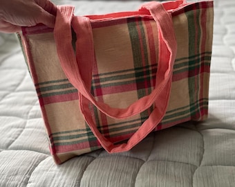 Handmade Upcycled Tote Bag – Vintage Plaid Fabric with Pink Handles, Eco-Friendly Carryall