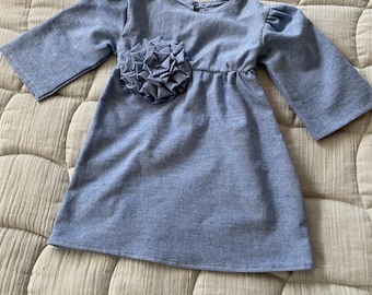 Upcycled Chambray Baby Dress: Handmade Ruffle Flower Infant Clothing