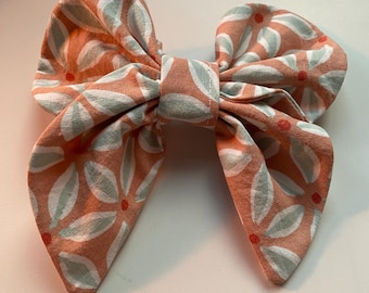 Handmade Hair Bow | Peach Floral Print Fabric Hair Clip | Girl/Teen Accessory