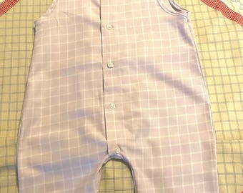 Upcycled Baby Romper: Lavender & White Check, Handmade (12-18 Months)