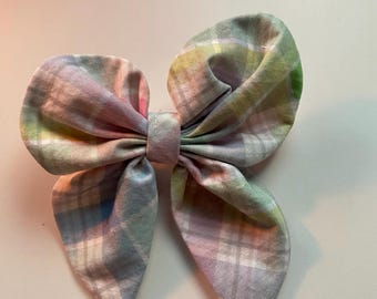 Handmade Pastel Plaid Hair Bow | Fabric Barrette Clip
