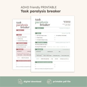 Könnte beinhalten: Zwei druckbare Arbeitsblätter zur Überwindung von Aufgabenblockaden auf weißem Hintergrund mit Abschnitten wie Name it, Reflect, Make it smaller, The launch und The next smallest possible steps. Schwarzer Text mit salbeigrünen und altrosa Akzenten.
