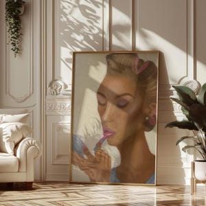 Vintage Lipstick Art Print, Retro Woman Beauty Wall Art, Soft Pink Beauty Salon Decor, Feminine Vanity Decor, Original Illustration Poster