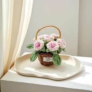 Handmade Crochet Flower Basket, Spring Home Decor, Crochet Rose Arrangement, Cottagecore Floral Decor, Mother’s Day Gift for Mom
