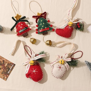 Hand-Sewn Christmas Bell Ornaments - Cozy Mittens, Stockings, Tree Designs - fresh start gift handmade, boho new year decor, resolution decor