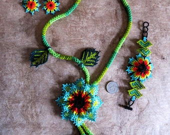 Huchol flower necklace,Mexican folk art,Huicol art,Native art