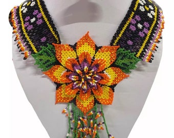 Completely handmade Huichol jewelry set; Necklace, Earrings and Bracelet