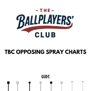 May include: A black and white diagram showing different types of baseball hits, including fly ball, fly out, line drive, grounder, and bunt. The diagram is labelled "TBC Opposing Spray Charts" and "Guide".
