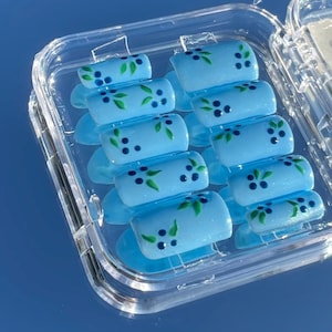 May include: A set of 10 blue press-on nails with a blueberry design. The nails are in a clear plastic case.