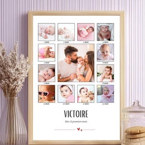 affiche personnalisée bébé, personnalisation bébé, cadeau bébé personnalisée, photo bébé, mes 12 premiers mois, année de naissance bébé