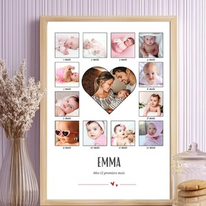 affiche bébé, personnalisation bébé, cadeau bébé, photo bébé, mes 12 premiers mois, année de naissance, affiche photo bébé personnalisée