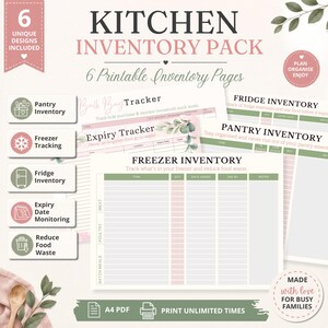 May include: A kitchen inventory pack featuring six printable pages for tracking pantry, freezer, and fridge stock. The documents include tables for items, quantities, expiry dates, and notes, decorated with green leaf accents and pink text headers.
