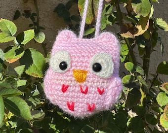 Pink Owl Amigurumi | Forest Plushie, Purse Charm, Keychain, Girly Decor