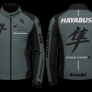 Suzuki Hayabusa GSX1300R Motorcycle Jacket – Grey & Black Racing Design with Kanji “隼” Logo – Sport Biker Riding Gear