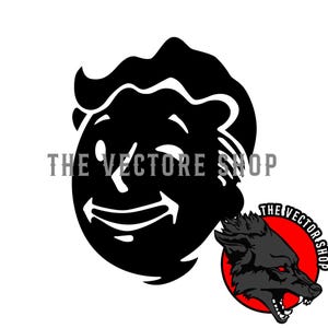 May include: A black and white graphic featuring a smiling cartoon face with stylized hair. The text "THE VECTORE SHOP" is above the face. A wolf's head in a red circle with the text "THE VECTORE SHOP" is in the lower right corner.