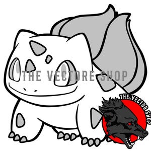 May include: A black and white illustration of a Bulbasaur character with gray accents. The image includes the text "THE VECTORE SHOP" in two places, and a wolf head logo.
