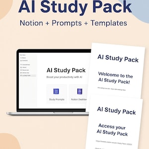May include: Image of a laptop and papers with the text "AI Study Pack". The laptop screen displays "AI Study Pack" and "Boost your productivity with AI". The papers say "Welcome to the AI Study Pack!" and "Access your AI Study Pack".