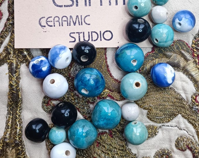 Unique Handmade  round ceramic beads 22 pcs