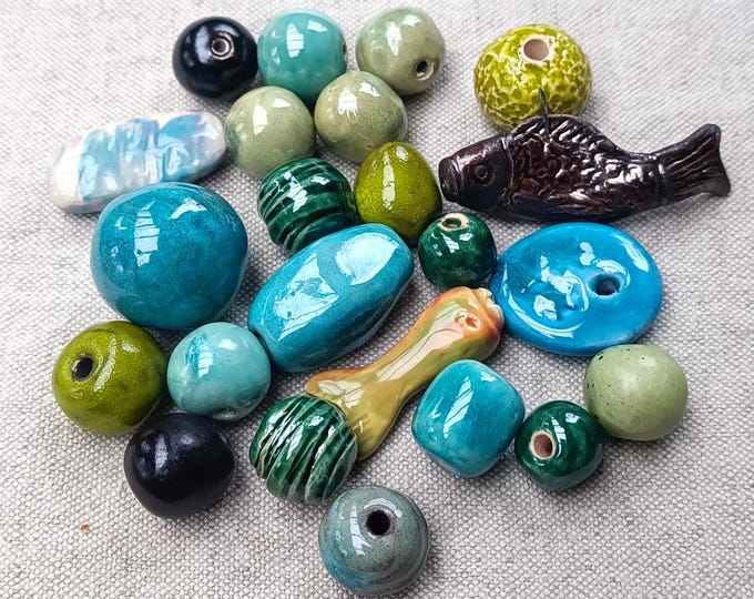 Unique Handmade  ceramic beads mix 23 pcs