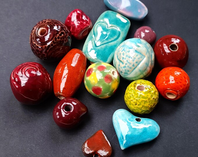 Unique Handmade  ceramic beads mix 15 pcs