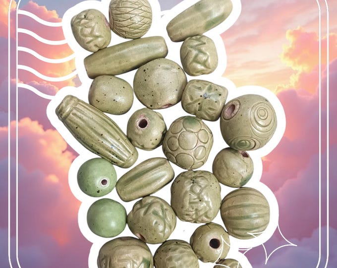 Unique Handmade  ceramic beads soft green 24 pcs