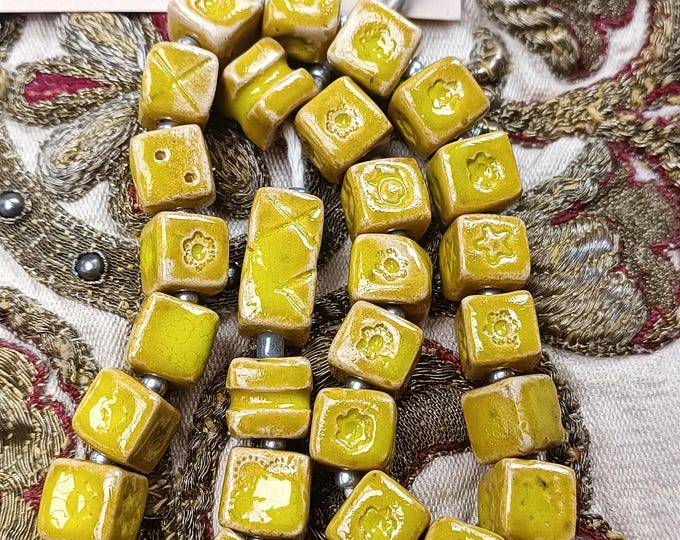Unique Handmade   ceramic beads yellow cube 28 pcs