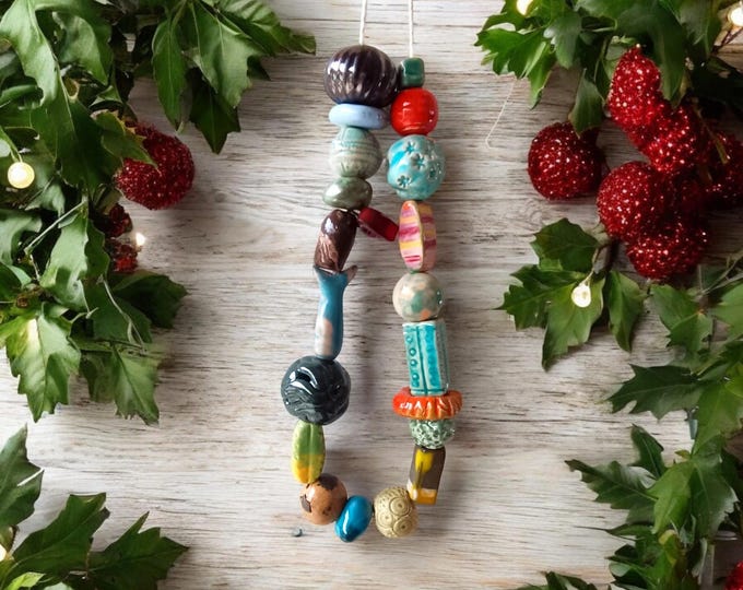 Unique Handmade  ceramic beads  21 pcs