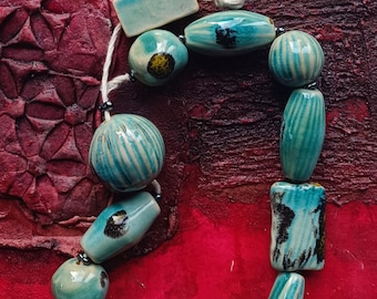 Unique Artisan Rustic Ceramic Beads for making jewelry 12 pcs Turquoise