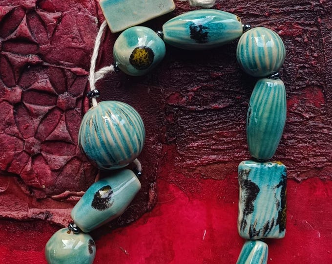 Unique Artisan Rustic Ceramic Beads for making jewelry 12 pcs Turquoise