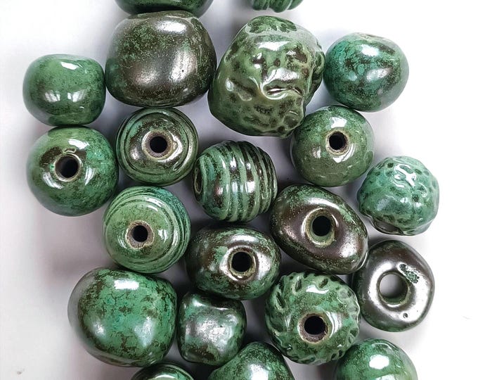 Unique Handmade  ceramic beads soft green 24 pcs