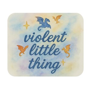 May include: A square, watercolor-style design with the words "violent little thing" in blue script. The design features a blue dragon, three orange dragons, and two yellow stars against a pastel blue, yellow, and white background.