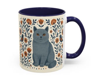 Scandinavian British Shorthair Cat Mug: Nordic Folk Art Coffee Cup