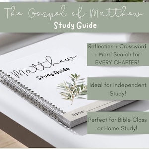 以下が含まれることがあります： 「マタイ」というタイトルのスパイラル綴じの学習ガイド。表紙には「Study Guide」の文字と葉の小枝が描かれています。「Reflection + Crossword + Word Search for EVERY CHAPTER!」の文字も表示されています。