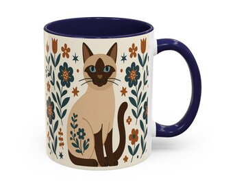 Siamese Cat Coffee Mug: Scandinavian Folk Art Style, Nordic Gift