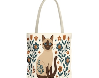 Siamese Cat Tote Bag: Scandinavian Floral Folk Art Design