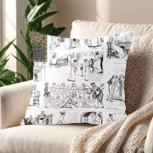 May include: A white throw pillow featuring a black and white print of illustrations from the novel "Pride and Prejudice" by Jane Austen. The pillow depicts scenes from the book, including characters such as Mr. Darcy and Elizabeth Bennet.