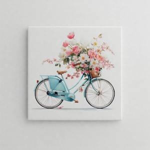 Decorative Ceramic Tile: Blue Bicycle with Flowers - Handcrafted Ceramic Art, Unique Home Decor & Gift, Ceramic Wall Art
