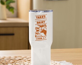 May include: White stainless steel tumbler with a brown graphic of a cow and the text "Tarr's Dairy Geneva, N.Y."