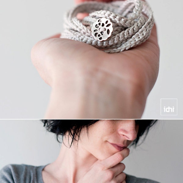 Threaded Bracelet. Coiled Bracelet. Crochet wrap Bracelet and Necklace in one piece. Light silver color. Textile Jewelry. Friendship