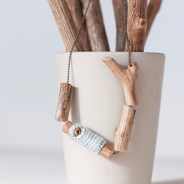 Wooden log decorated with crocheted · Wood Natural Necklace· Blue sky · Eco friendly jewelry. Organic form jewelry . Nature inspired.