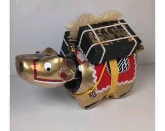 VTG Japanese PAPIER MACHE Bobblehead Nodder Cow Animal  Packages And Bells