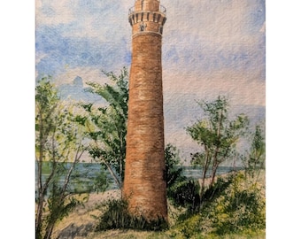 Acuarela original firmada, Faro de Little Sable Point, Lago Michigan