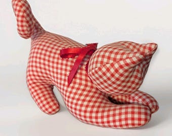 Vintage Handmade Gingham Red White Cat Shelf Sitter Country Cottage Core Sturdy