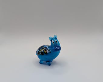 Miniature Hand Blown Art Glass Hippo Figurine Teal Millefiori 1.5"