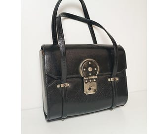 Vintage Saks Fifth Avenue Black Box Bag Leather 1960s Turn Lock Handbag