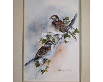 Original Watercolor Painting Sparrows Blossom Tree Signed Gilbreath, Matted 10x14"